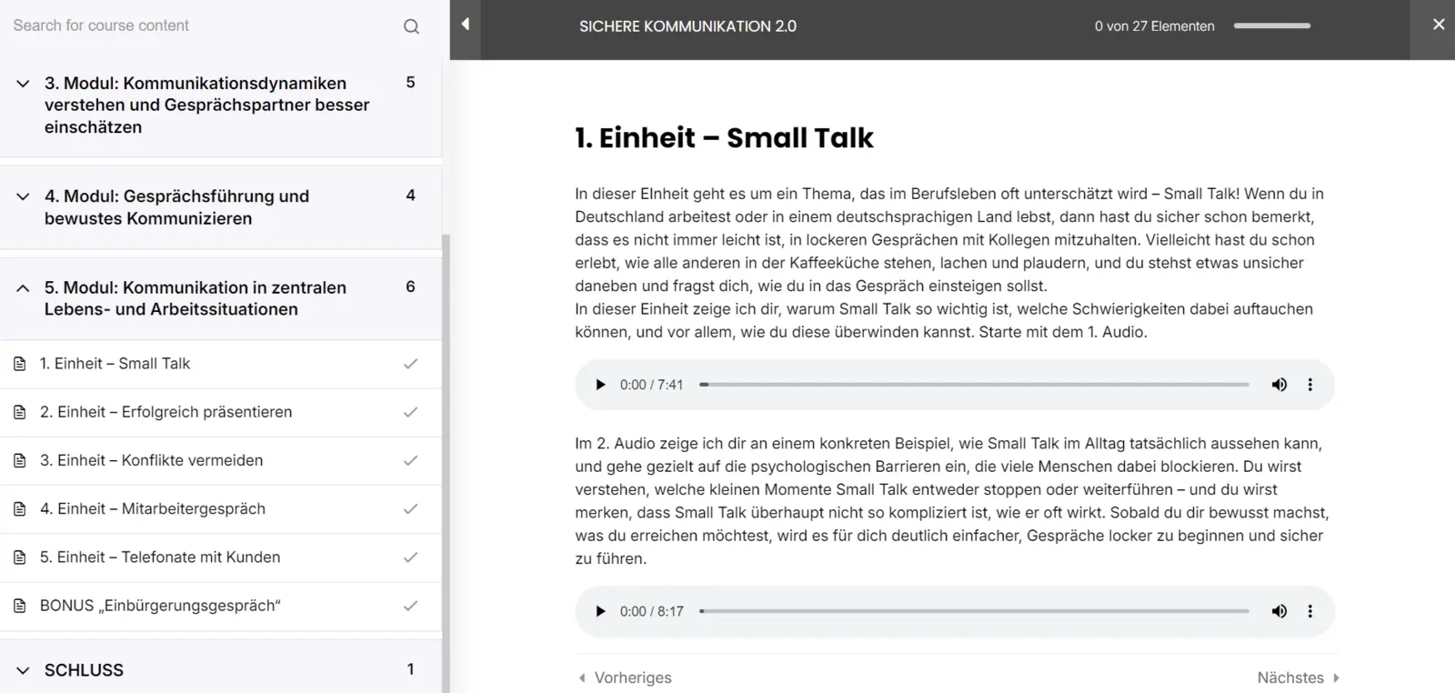 Audio-Einheit zum Small Talk auf der Lernplattform