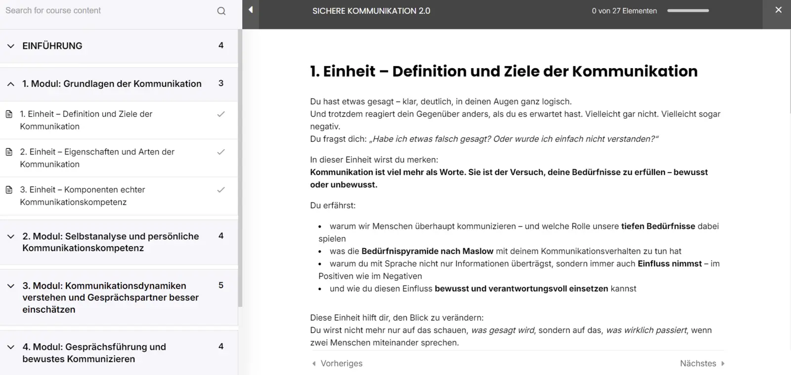 Übersicht der Lernplattform von Sichere Kommunikation 2.0