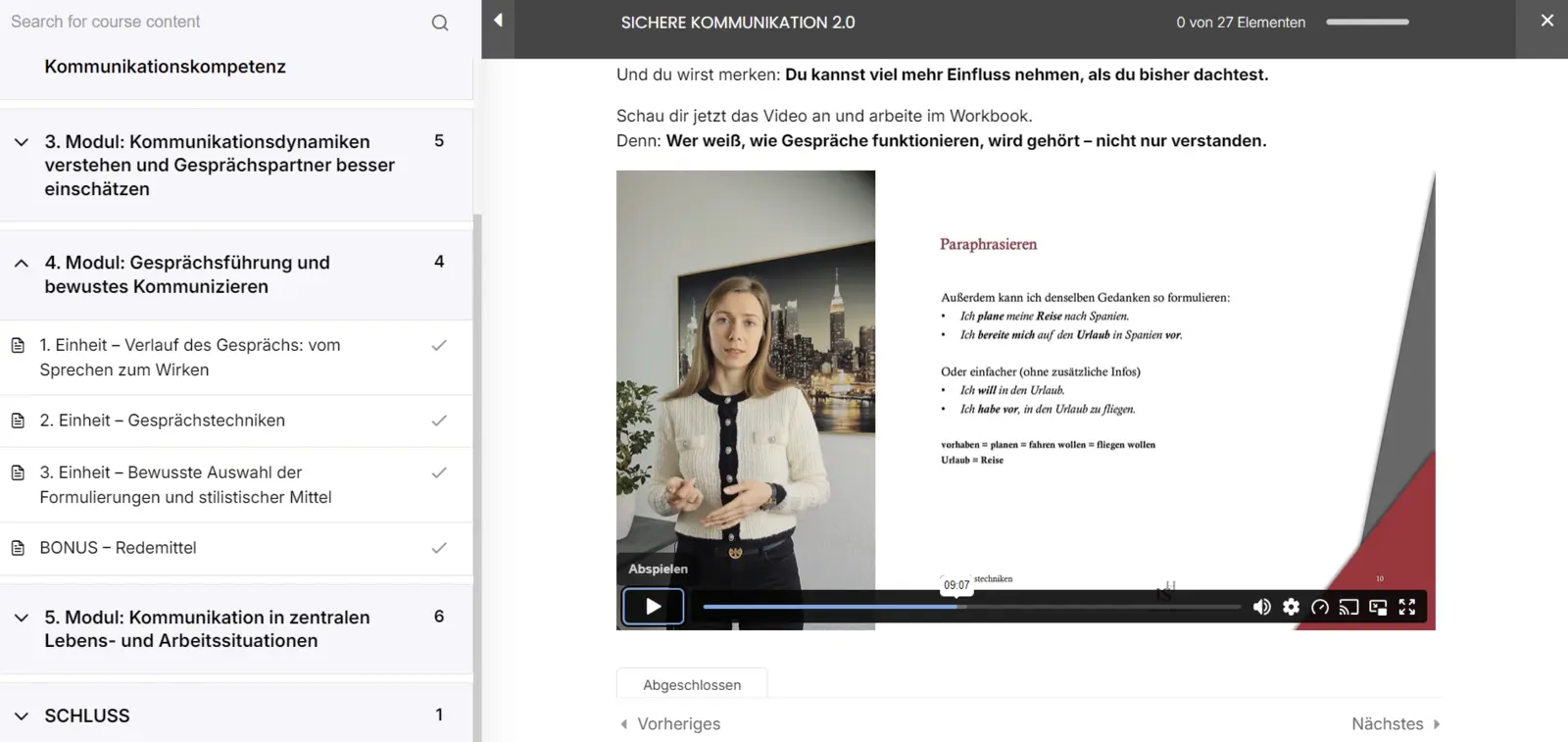 Video-Lektion zu Gesprächstechniken auf der Lernplattform