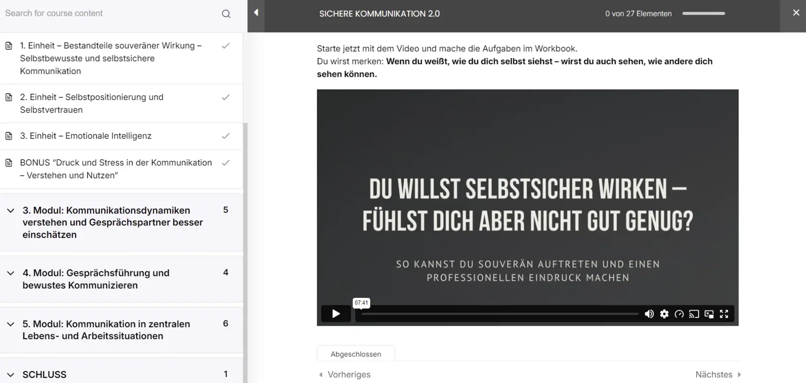 Video-Lektion zu Selbstsicherheit auf der Lernplattform