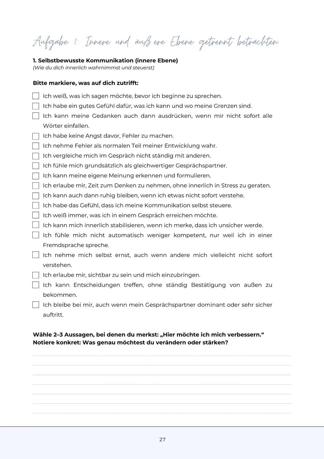 Workbook-Seite mit Reflexionsaufgaben